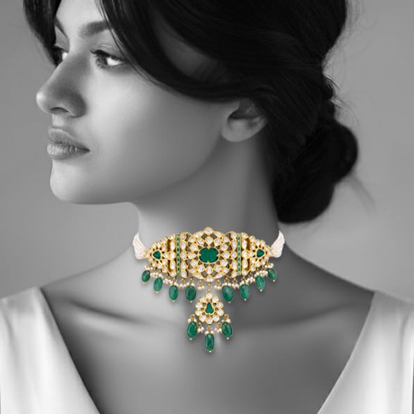 Zambian Emerald Mughal-Inspired Choker with Pearl Strands